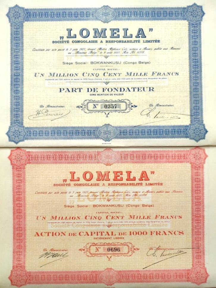 2 aandelen Belgisch Congo "Lomela" 1927, Postzegels en Munten, Aandelen en Waardepapieren, Aandeel, 1920 tot 1950, Ophalen of Verzenden