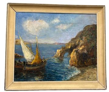 Mooie schilderij op Doek - Zeilboten aan de voet van een med beschikbaar voor biedingen