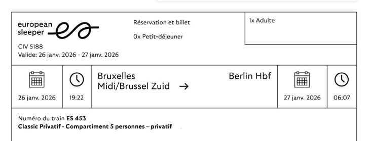 Billet train Brux-Berlin 26 janvier (compartiment entier), Tickets & Billets, Transports en commun, Trois personnes ou plus, Avec destination ou date