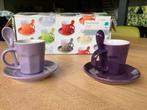 2 sets van 6 espresso tassen met bordje en lepel in paars., Huis en Inrichting, Keuken | Servies, Ophalen, Zo goed als nieuw