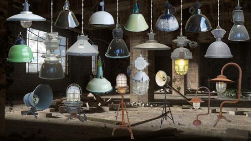 Antieke industriele hanglampen plafondlampen fabriekslamp, Maison & Meubles, Lampes | Suspensions, Comme neuf, 50 à 75 cm, Bois