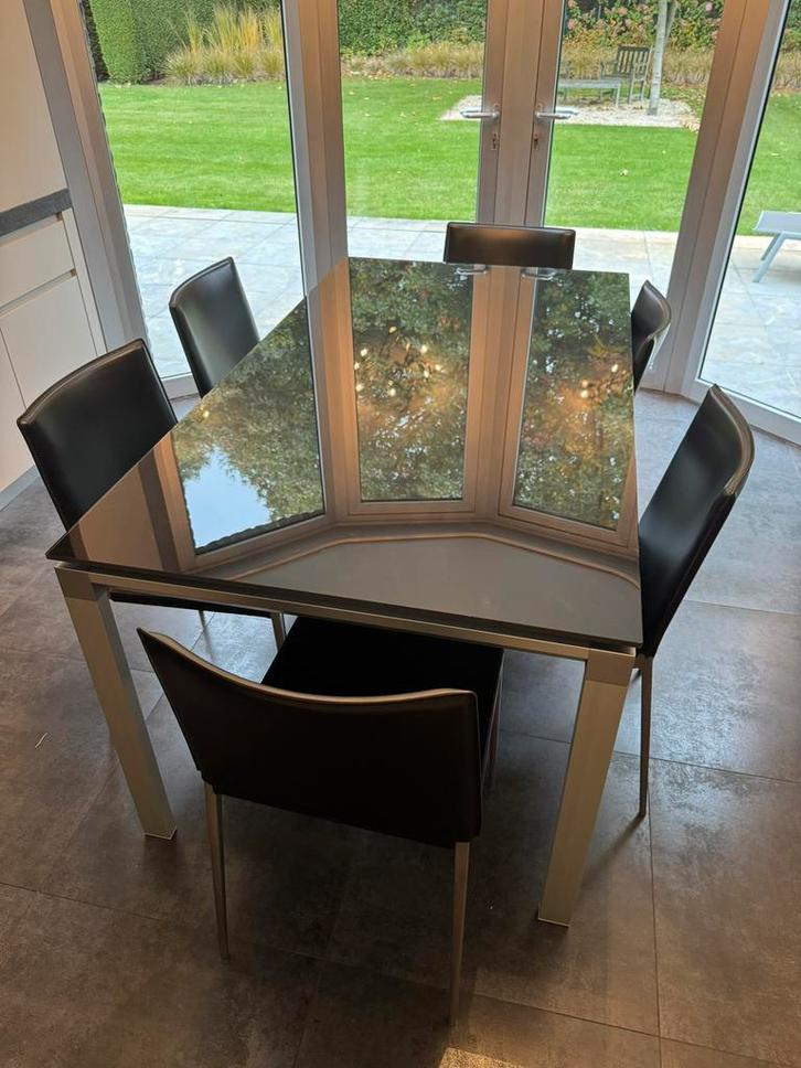 Moderne eettafel met glazen blad en 6 lederen stoelen, Huis en Inrichting, Tafels | Eettafels, Zo goed als nieuw, Ophalen