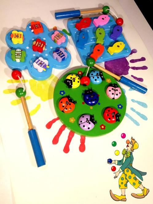 Set van 3 houten visspellen - Vissen, vlinders en hanen, Kinderen en Baby's, Speelgoed | Houten speelgoed, Gebruikt, Overige typen