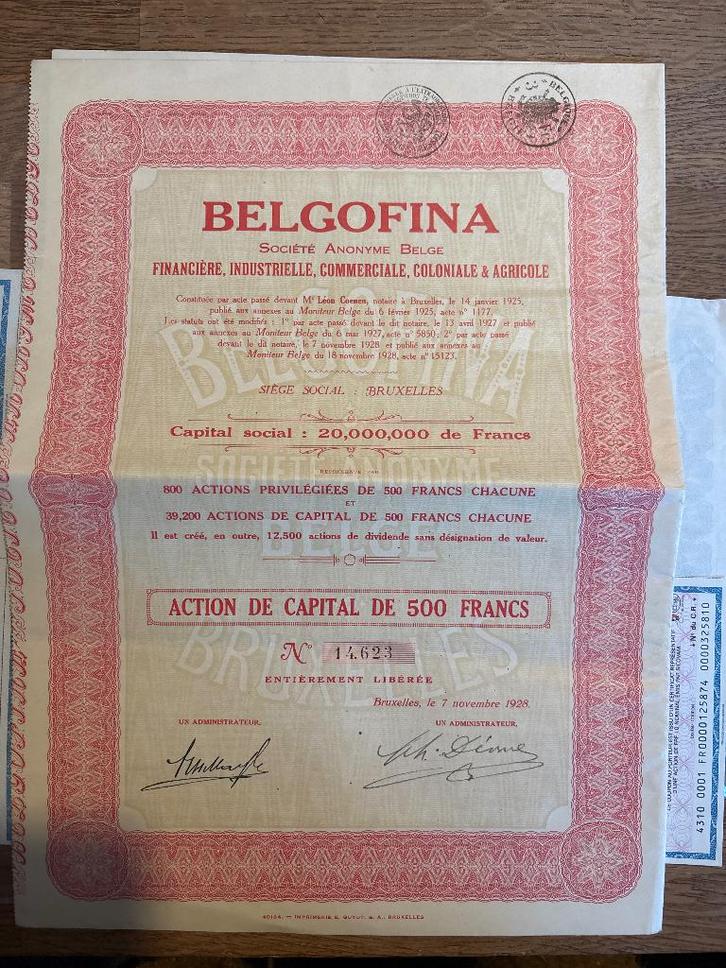 Action ancienne BELGOFINA 1928, Timbres & Monnaies, Actions & Titres, Action, 1920 à 1950, Enlèvement