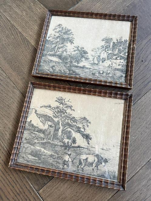Twee 18e Eeuwse Etsen - Landschap met dieren!, Antiek en Kunst, Kunst | Tekeningen en Fotografie, Ophalen of Verzenden