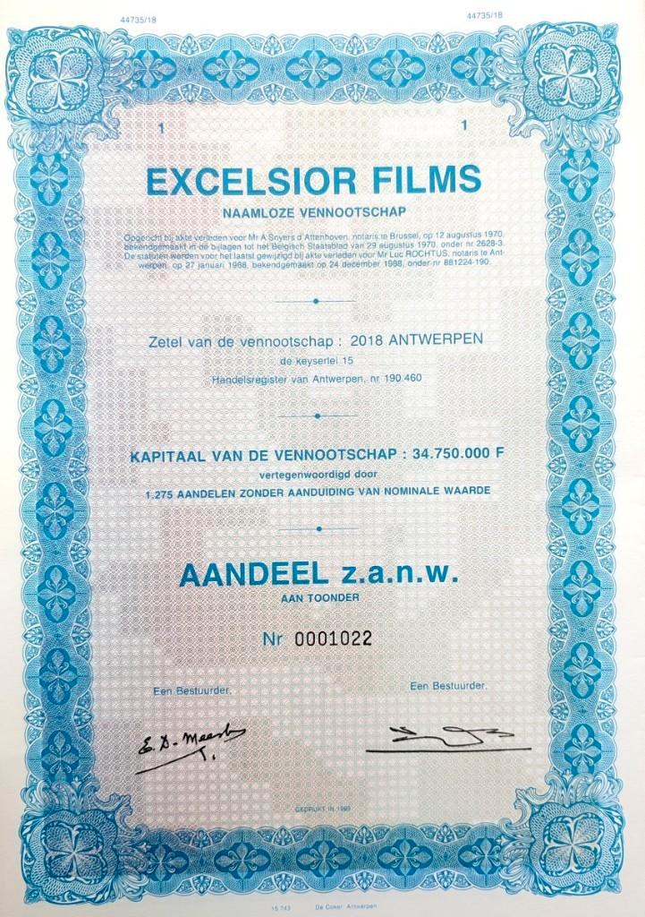 Excelsior Films (Antwerpen) 1988-89, Postzegels en Munten, Aandelen en Waardepapieren, Aandeel, 1970 tot heden, Ophalen of Verzenden