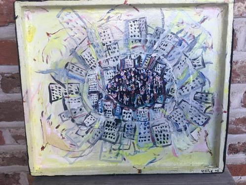 Hans de Groot-acryl op hout-Stadsvlucht-Amsterdam1996-27x32, Antiek en Kunst, Kunst | Schilderijen | Modern, Ophalen of Verzenden