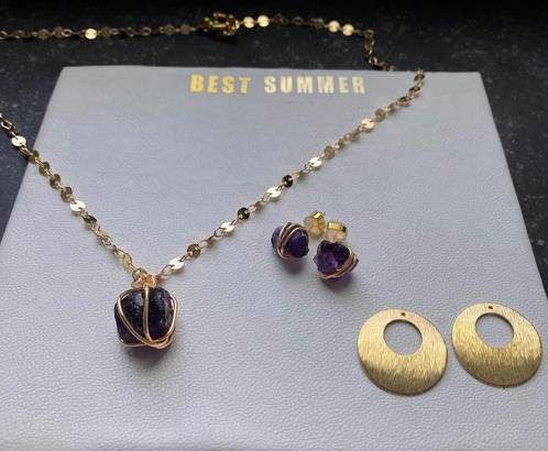 Set met ruwe amethist oorbellen ketting armband, Handtassen en Accessoires, Kettingen, Nieuw, Steen of Mineraal, Met hanger, Ophalen of Verzenden