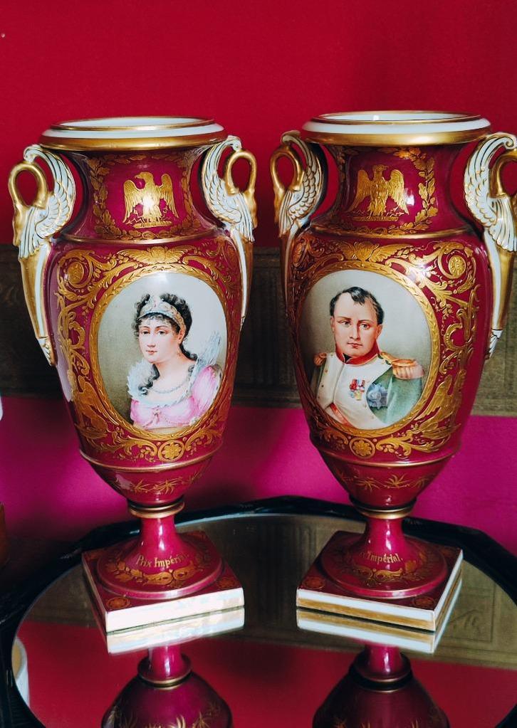 2 vazen Napoleon en Josephine, 19 eeuw,handgeschilderd, Antiek en Kunst, Antiek | Porselein, Ophalen of Verzenden