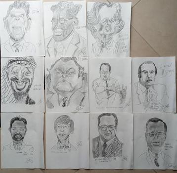 Karikaturen van bekenden, originele tekeningen in potlood  beschikbaar voor biedingen