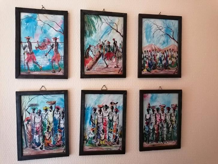 Set van 6 handgeschilderde Congolese Afrikaanse schilderijen, Antiek en Kunst, Kunst | Schilderijen | Abstract, Ophalen
