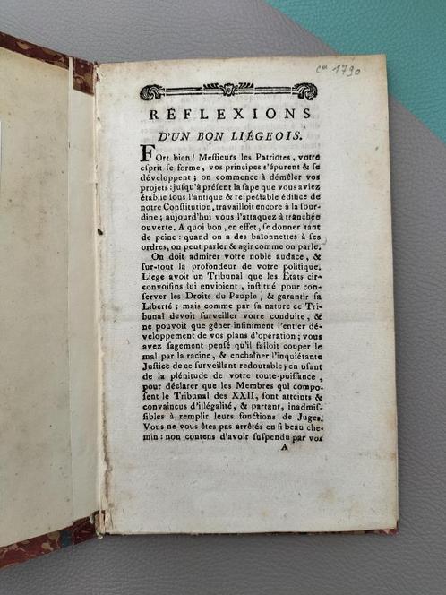 Réflexions d'un bon Liègeois (opuscule - 1790), Livres, Histoire nationale, Utilisé, 17e et 18e siècles, Enlèvement ou Envoi