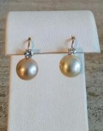 18kt gouden oorhangers met parels e diamanten 0,23kt, Enlèvement ou Envoi, Or, Comme neuf, Or