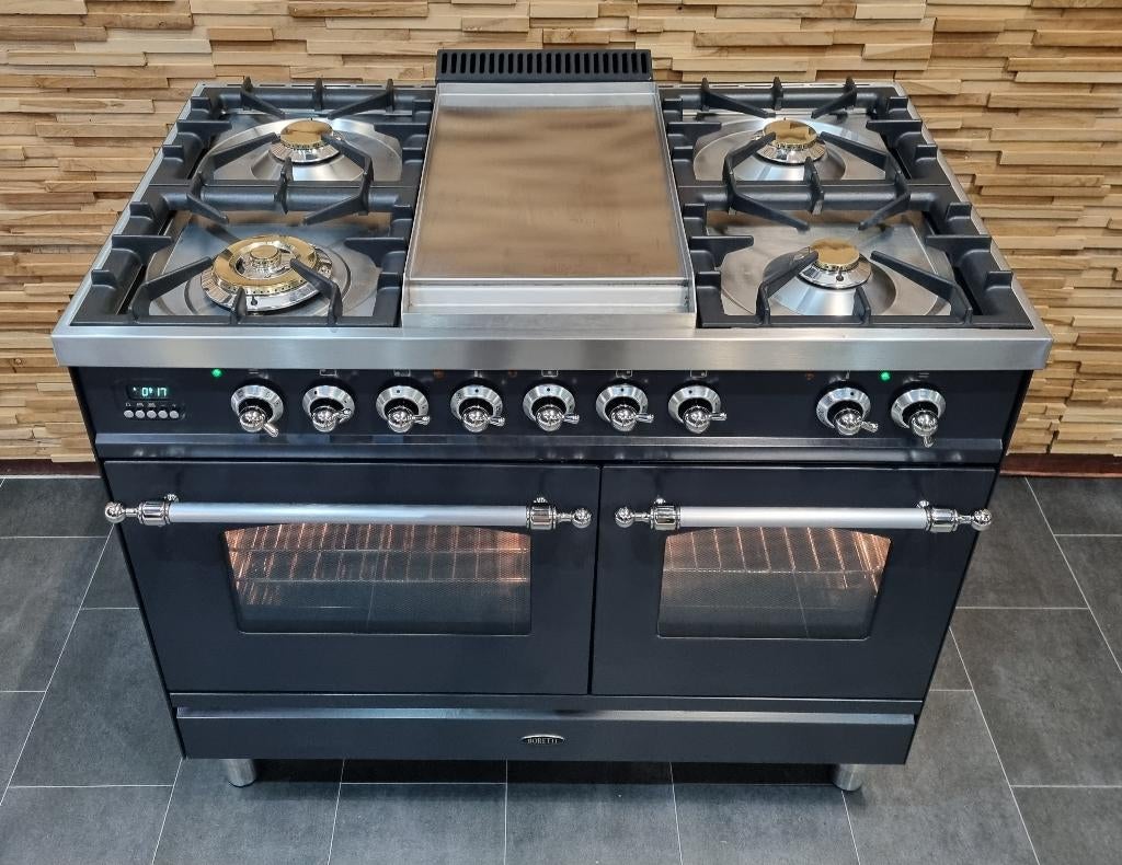 🔥Luxe Boretti Fornuis 100cm antraciet + rvs 5 pits Frytop, Electroménager, Cuisinières, Comme neuf, Autoportant, 5 zones de cuisson ou plus
