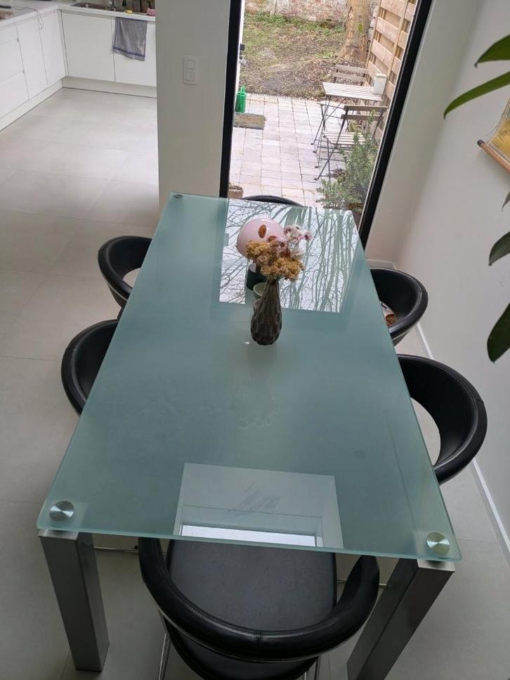 glazen tafel + 6 leren stoelen, Huis en Inrichting, Tafels | Eettafels, Gebruikt, 50 tot 100 cm, 150 tot 200 cm, Vijf personen of meer