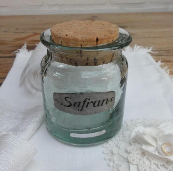 Franse glazen pot met tinnen schildje: Safran (Saffraan), Antiek en Kunst, Curiosa en Brocante, Ophalen of Verzenden