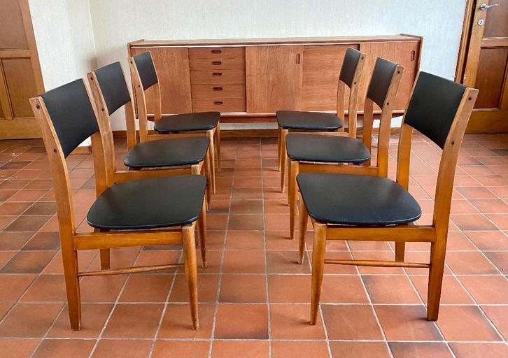 Set vintage eetkamerstoelen 6 stuks, Huis en Inrichting, Stoelen, Gebruikt, Vijf, Zes of meer stoelen, Hout, Zwart, Ophalen