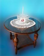 Ronde en lage woonkamertafel in Donker Eiken met glas, Ophalen, Gebruikt, Eikenhout, 50 tot 75 cm