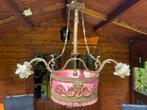Prachtige antieke bronzen hanglamp met oud roze korf, Ophalen, Zo goed als nieuw, Glas, 50 tot 75 cm