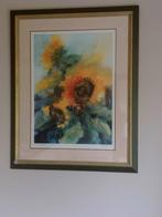 mooie aquarel zonnebloemen in mooi kader  80cm op 95 cm, Antiek en Kunst, Ophalen