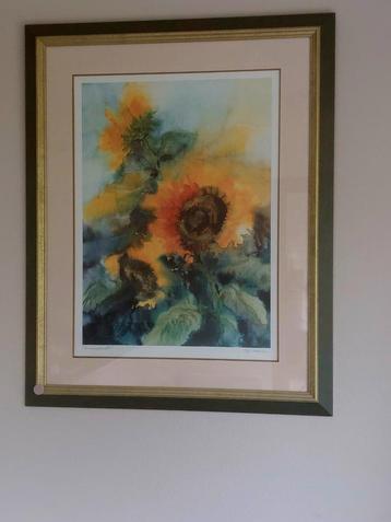 mooie aquarel zonnebloemen in mooi kader  80cm op 95 cm beschikbaar voor biedingen