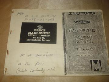 MATCHLESS 1931 Ancienne Liste des Pièces pour Moto & Sidecar, Motoren, Handleidingen en Instructieboekjes, Ophalen of Verzenden