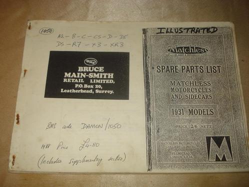 MATCHLESS 1931 Ancienne Liste des Pièces pour Moto & Sidecar, Motoren, Handleidingen en Instructieboekjes, Overige merken, Ophalen of Verzenden