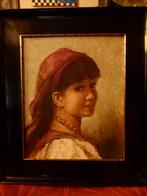 antiek schilderij portret  Zigeunermeisje op paneel, Enlèvement