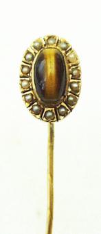 Dasspeld goud 18kt parels tijgeroog., Handtassen en Accessoires, Antieke sieraden, Ophalen of Verzenden, Goud, Overige typen
