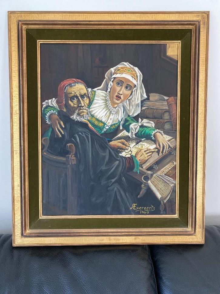 Schilderij „Verboden lectuur” — Gesigneerd Everaerts 1969, Antiek en Kunst, Kunst | Schilderijen | Klassiek, Ophalen