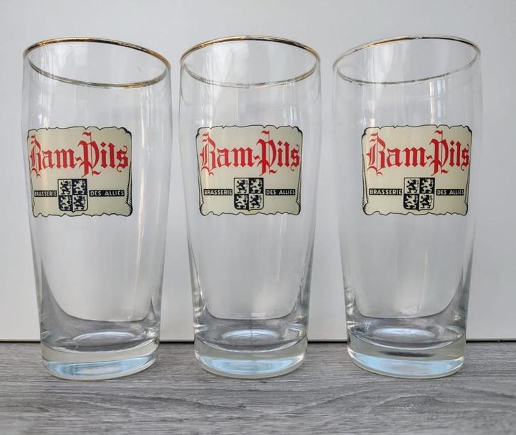 3 verres anciens Bam-Pils (Brasserie des alliés de Marchienn, Collections, Marques de bière, Utilisé, Verre ou Verres, Autres marques