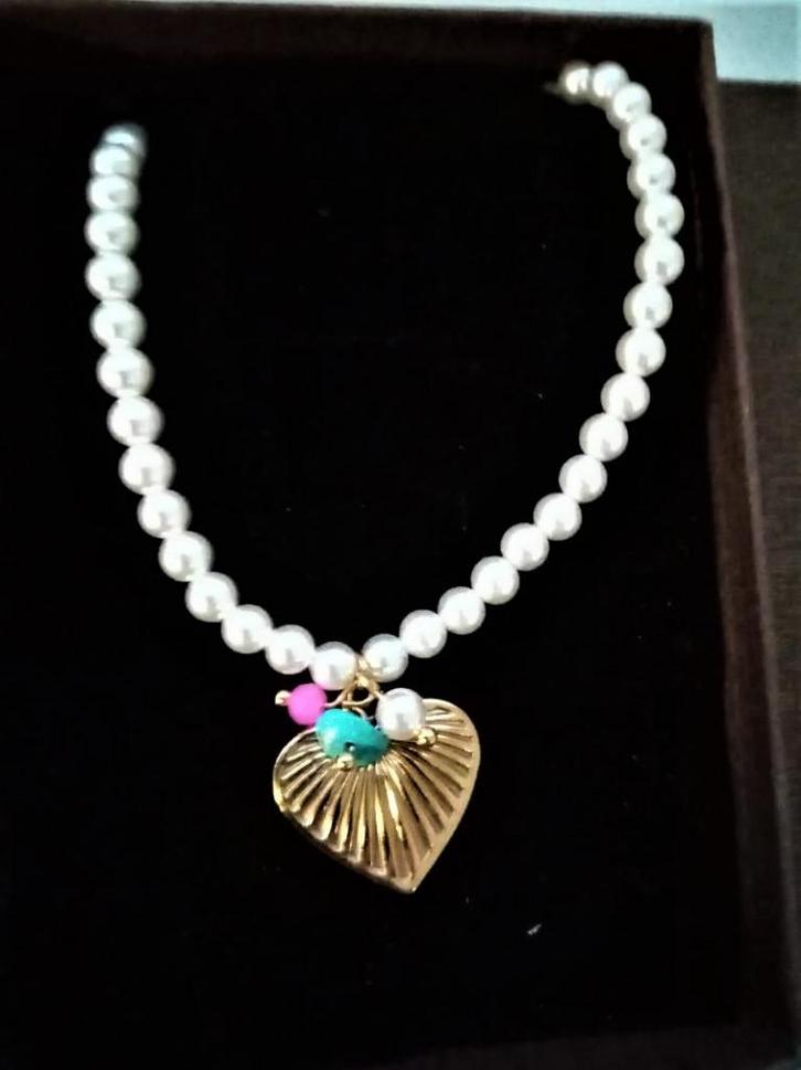 nieuw collier perles ketting hart , 40cm + 5cm , kleurvast, Handtassen en Accessoires, Kettingen, Nieuw, Wit, Met edelsteen, Met hanger