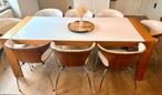 Eettafel uitschuifbaar hout en glazen blad met lades, Huis en Inrichting, Tafels | Eettafels, Ophalen, Gebruikt, Glas, 200 cm of meer
