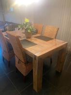 Houten tafel Weba (6 personen) + 6 rieten stoelen, Huis en Inrichting, Tafels | Eettafels, Ophalen, Gebruikt, Vijf personen of meer