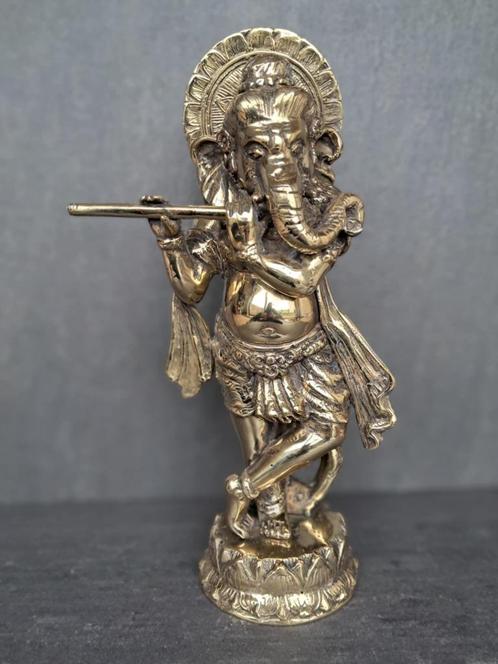 Ganesh speelt fluit/India/Azië/verguld brons, Huis en Inrichting, Woonaccessoires | Boeddhabeelden, Nieuw, Ophalen of Verzenden