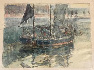 Jan De Clerck, aquarel, visserskaai Oostende disponible aux enchères