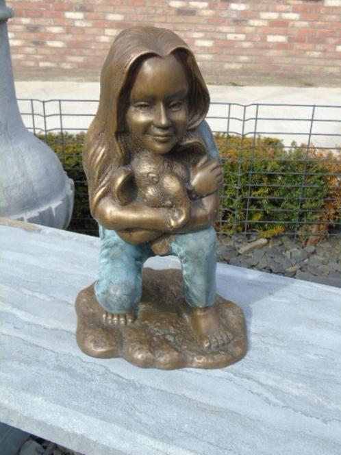 statue d une petite fille et son éléphant en bronze patinée, Jardin & Terrasse, Statues de jardin, Comme neuf, Autres types, Autres matériaux