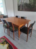 Vintage uitschuiftafel met 6 stoelen., Huis en Inrichting, 200 cm of meer, 50 tot 100 cm, Teakhout, Gebruikt