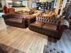 Engelse chesterfield salon 2 x 3 zits banken bruin, Ophalen of Verzenden
