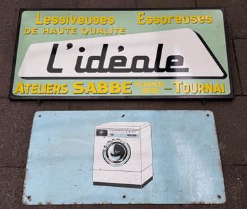 2x oud antiek emaille reclamebord ‘L Ideale wasmachines beschikbaar voor biedingen