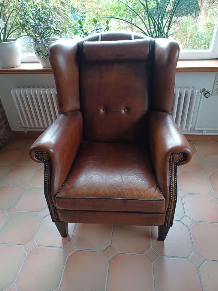SCHAPENLEREN FAUTEUIL  550€, Huis en Inrichting, Zetels | Zetels, Zo goed als nieuw, Rechte bank, Minder dan 150 cm, 75 tot 100 cm