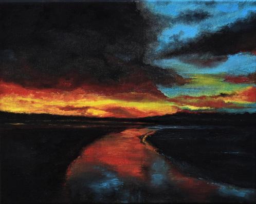 Landschapsschilderij bij zonsondergang met reflectie  verko, Antiek en Kunst, Kunst | Schilderijen | Modern, Ophalen