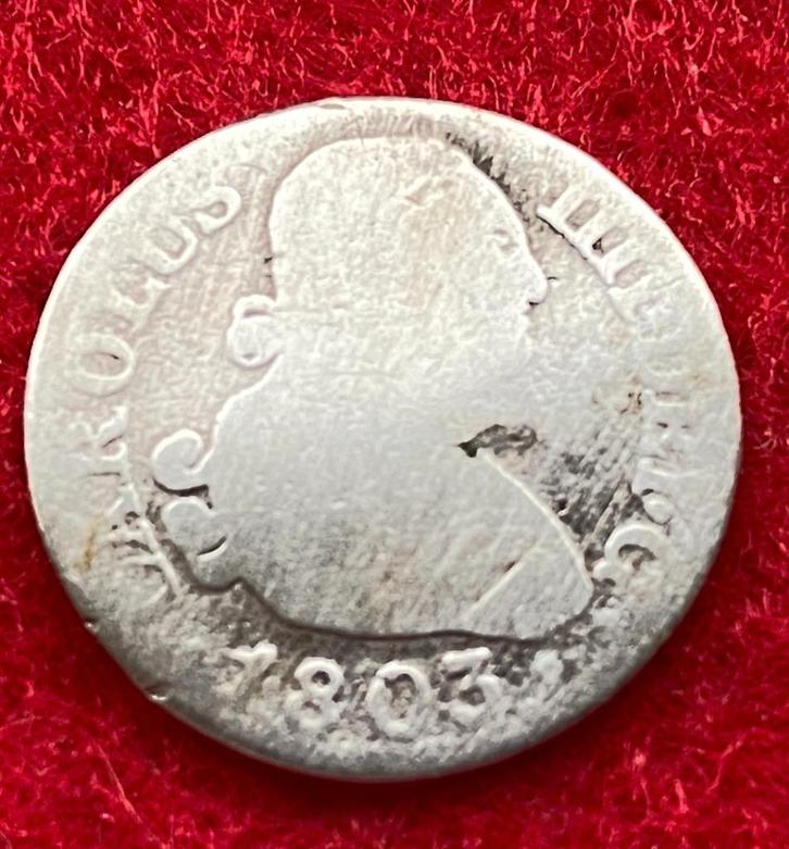 Zeldzame 1/2 echte Spaanse zilveren munt M FA 1803, Antiek en Kunst, Antiek | Zilver en Goud, Zilver, Ophalen of Verzenden
