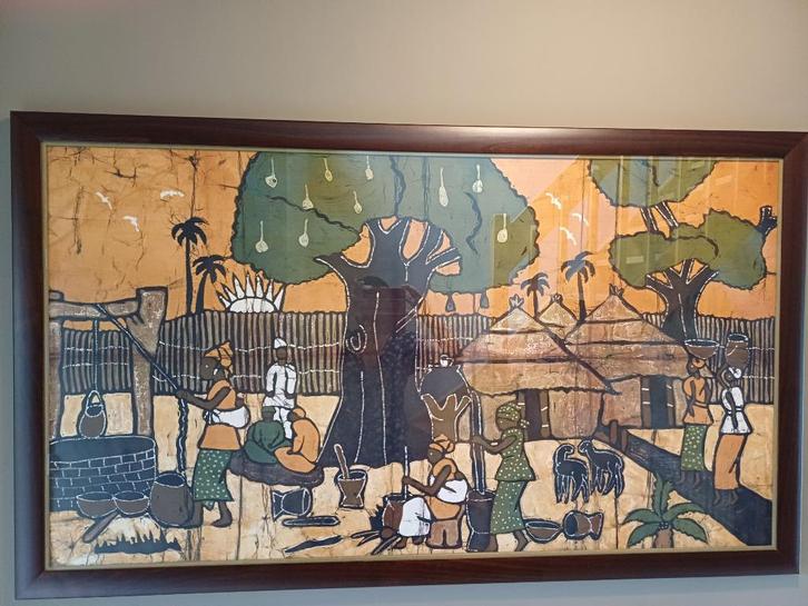 Afrikaanse tekening op doek achter glas, Antiek en Kunst, Kunst | Tekeningen en Fotografie, Ophalen