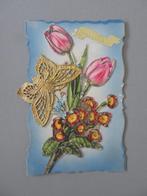 oude zelfgemaakte wenskaart bloemen vlinder bonne année, Diversen, Wenskaarten, Verzenden, Zo goed als nieuw