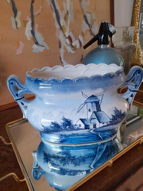 Mooie keramische jardinière in Delftsblauw en wit molenzicht, Antiek en Kunst, Antiek | Porselein, Ophalen of Verzenden