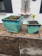 2 groen blauw vierkant keramisch stenen bloempot, Enlèvement, Comme neuf, Carré
