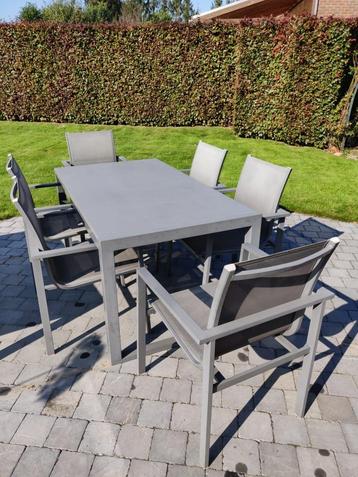 Ensemble de jardin - 2 tables grises métal verre + 7 chaises