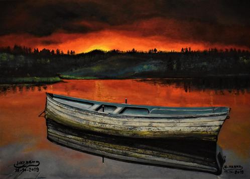 Kayak landscape sunset painting, by joky kamo, Antiquités & Art, Art | Peinture | Classique, Enlèvement