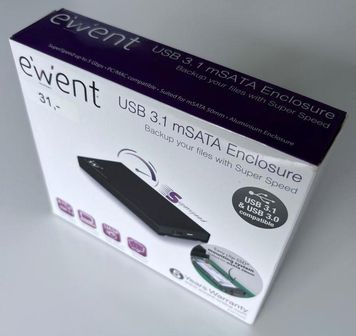 EWENT USB 3.1 mSATA Enclosure NEW, Computers en Software, Harde schijven, Nieuw, Desktop, Extern, SSD, USB, Ophalen of Verzenden